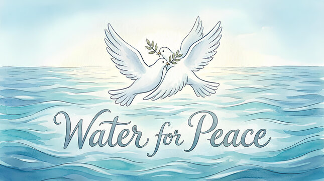 White doves with olive branch over sea for peace