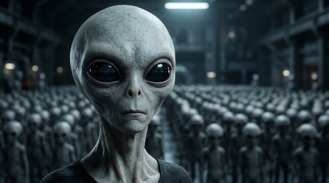 Extraterrestrial Alien Army Standing in Dark Futuristic Facility Hangar Concept Science Fiction 3D Rendering