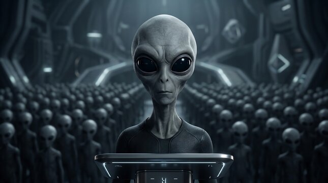 Extraterrestrial leader addressing a vast crowd of alien beings inside a futuristic spaceship command center