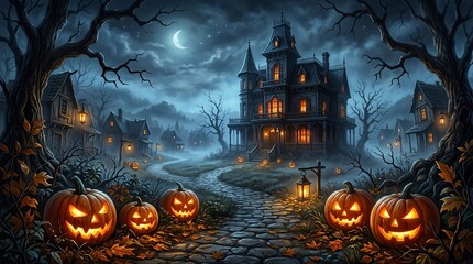 Spooky Halloween Night Scene Featuring a Haunted Victorian Mansion with Glowing Jack-o'-Lanterns on a Foggy Cobblestone Path Under Moonlight © kinkin