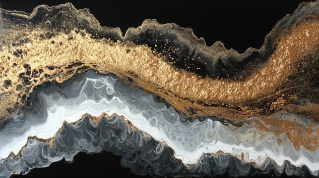 An abstract artwork featuring a fluid mix of black, white, gray, and shimmering gold tones. The piece showcases dynamic wavy patterns that flow seamlessly across the canvas, with textures that create