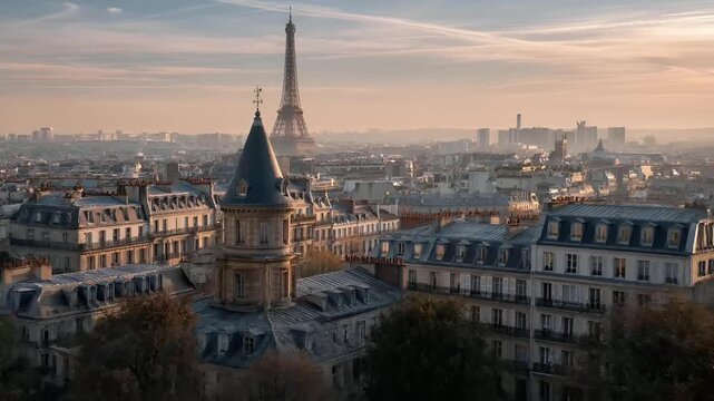 Paris, France, Europe. A panoramic view of Paris, France at sunset. The Eiffel Tower stands tall in the background. The sky is painted with hues of orange, pink, and blue.