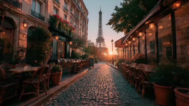 Paris, France, Europe. A vivid portrayal of a Parisian street scene at sunset. The Eiffel Tower stands tall in the background, bathed in the warm glow of the setting sun.
