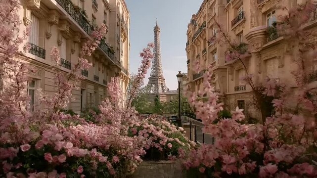 Paris, France, Europe. A vivid portrayal of a Parisian street scene features the iconic Eiffel Tower in the background. The scene is bathed in soft pink cherry blossom blossoms.