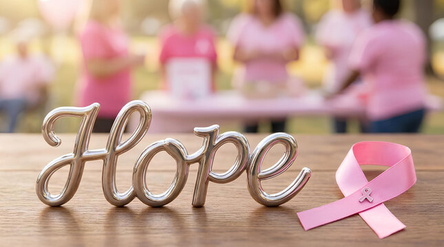 Wooden hope sign with pink breast cancer awareness ribbon.