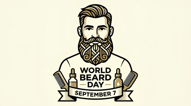 World Beard Day graphic with bearded man and grooming tools.