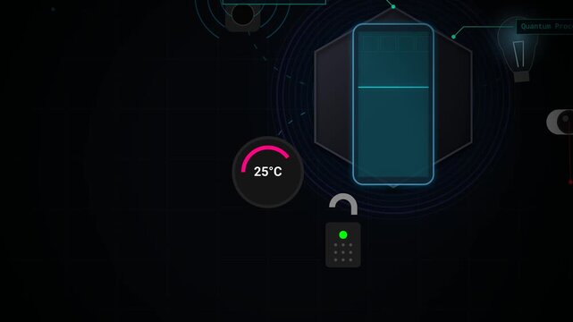 Futuristic smart home system controller user interface animation with connected devices for climate, lighting, and security automation in dark mode