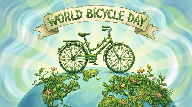 World Bicycle Day green bike over planet earth.