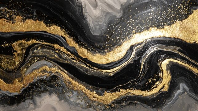 A mesmerizing abstract artwork featuring a swirling composition of black, white, and gray shades, interspersed with striking gold accents. The smooth, flowing lines create a sense of movement and dep