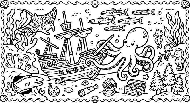 Cartoon-Umriss einer Meereslebewesen-Szene, handgezeichnete Linienkunst-Illustration, Doodle-Kunst-Malvorlage f&uuml;r Kinder