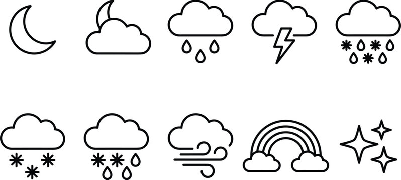 Night and day weather icons showing moon clouds rain lightning snow wind and rainbow on transparent background.