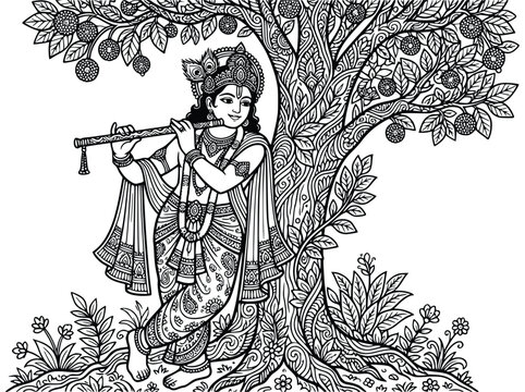 Hindu deity Krishna playing flute under tree line art coloring page