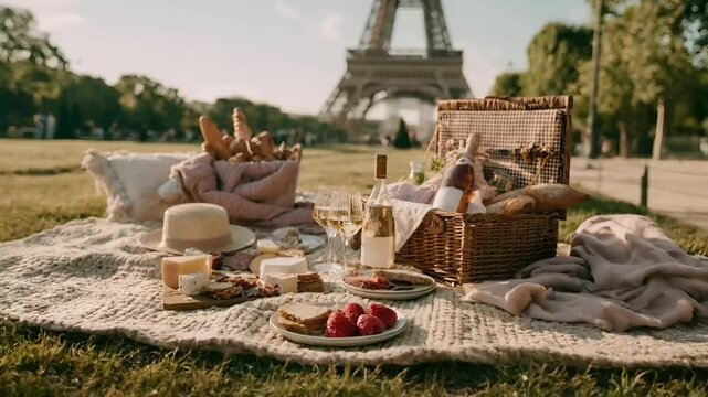Paris, France, Europe. A vivid outdoor scene depicts a picnic in front of the Eiffel Tower. The scene is set on a grassy field with trees in the background.