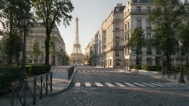 Paris, France, Europe. A detailed, panoramic view of a Parisian street with the iconic Eiffel Tower in the background.