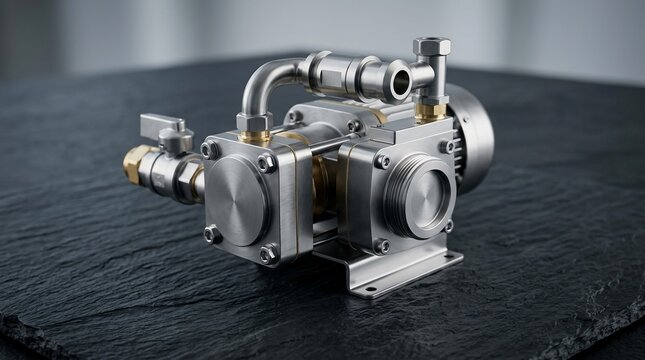 High pressure industrial stainless steel water pump with electric motor on dark slate background for hydraulic mechanical engineering equipment