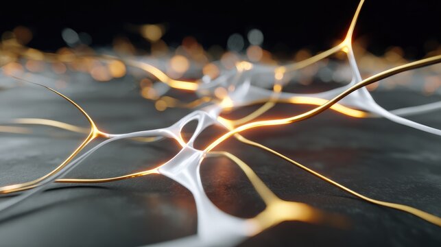Abstract Neural Network Connection: A complex network of glowing lines and nodes, resembling a neural network or a synaptic connection, pulses with energy against a dark, textured background.
