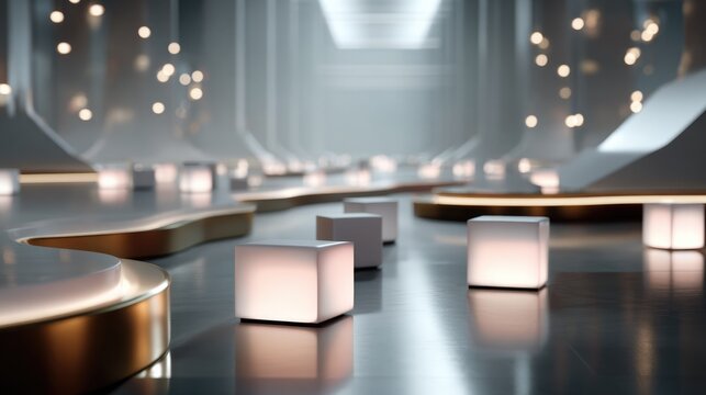 futuristic Hallway with Glowing Cubes: An elegant and futuristic hallway stretches into the distance, illuminated by soft, ambient light from glowing cube-shaped fixtures and scattered bokeh lights.