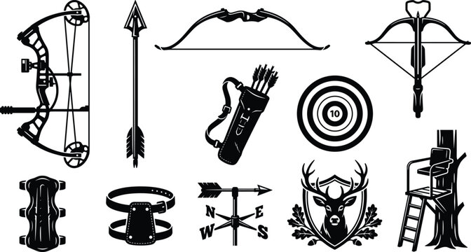 Archery and Hunting Equipment Collection with Compound Bow Crossbow Arrows Target Tree Stand Deer Emblem and Vector Illustration Set