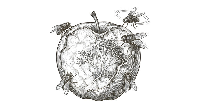 Detailed vintage engraving style illustration of a rotten apple with mold and flies