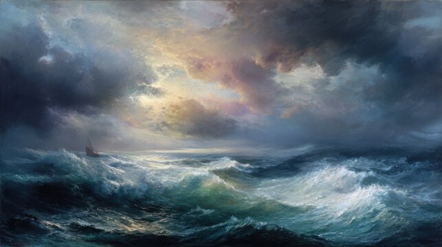 A dramatic seascape depicting tumultuous waves under a stormy sky, with dark clouds swirling above and a small sailboat navigating the rough waters. The scene captures the contrast of the vibrant blu