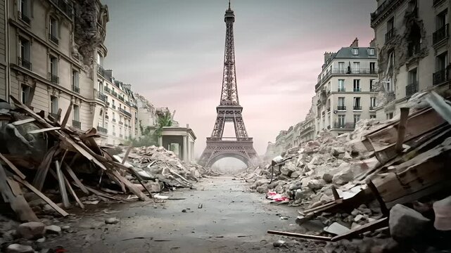 Paris, France, Europe. A dramatic portrayal of the Eiffel Tower, the iconic landmark in Paris, France, amidst the aftermath of an earthquake or disaster.