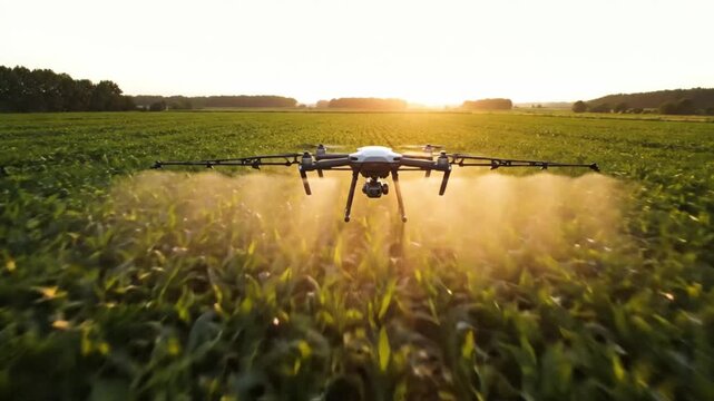 Modern Agricultural Spraying Drone Operating Above a Lush Green Crop Field During Golden Hour 4K