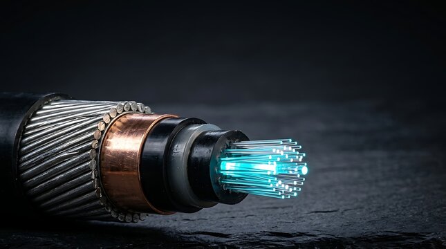 Close-up of a glowing fiber optic cable end on dark background.