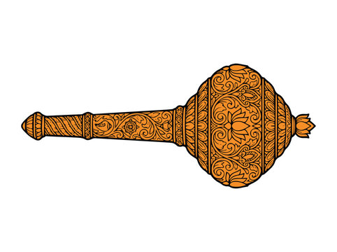 Orange gada mace with traditional floral line art patterns