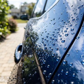 Close up of water droplets on a dark blue car surface after rain.