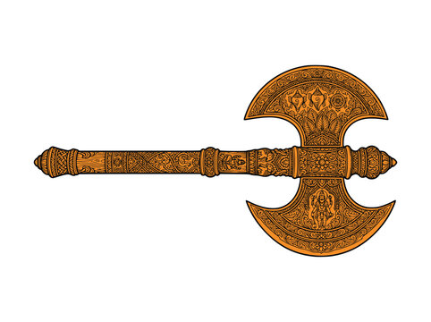 Ornate orange double headed battle axe with intricate carvings