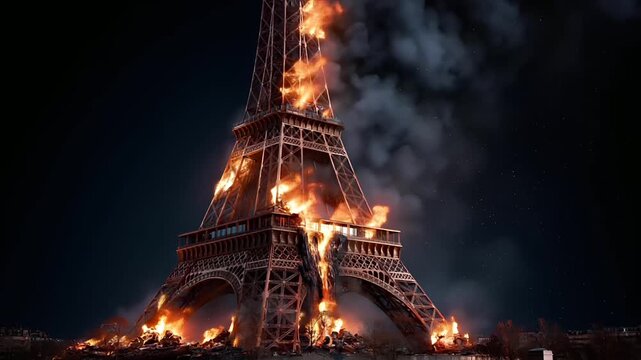 Paris, France, Europe. A dramatic portrayal of the Eiffel Tower, engulfed in flames and smoke, set against a dark, starry night sky. The tower stands tall and imposing.