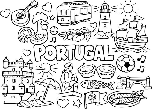 Portugals Wahrzeichen als Cartoon-Umriss, handgezeichnete Linienkunst-Illustration, Malvorlage f&uuml;r Kinder