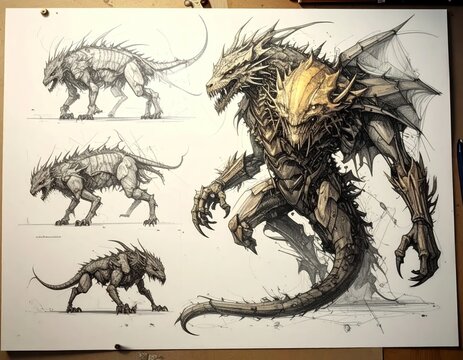 Fantasy dragon creature concept art sketches on paper