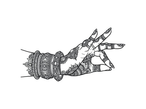 Woman hand with intricate henna and bangles in traditional mudra