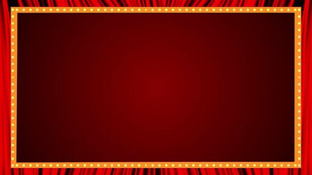 Red theater curtains surround a bulb lit marquee frame with spacious center, creating classic video background for cinema titles, premieres, award shows, performances, announcements, and stage promos.