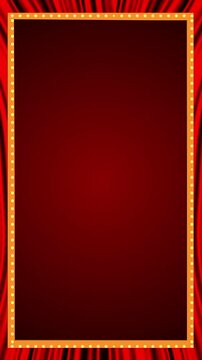 A vintage red curtain and illuminated theater border frame a clear central area ideal for animated cinema openers, talent shows, gala notices, concert screens, comedy promos, and entertainment titles.