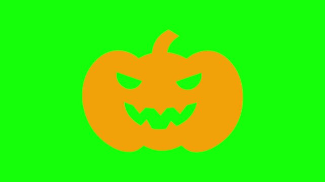 Halloween pumpkin head, spooky icon sign, isolated on green screen. Animated scary and cute carved face cartoon. Advertisement, illustration idea, party and celebration symbol. Element for video.