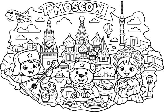 Moskau, Russland, Sehensw&uuml;rdigkeiten &ndash; Cartoon-Umriss, handgezeichnete Linienkunst-Illustration, Malvorlage f&uuml;r Kinder