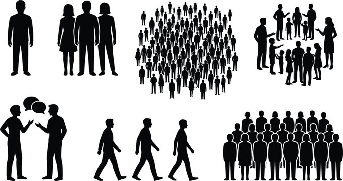 People Silhouette Set with Single Man, Small Group, Large Crowd, Conversation, Walking Figures, and Standing Team for Social Designs