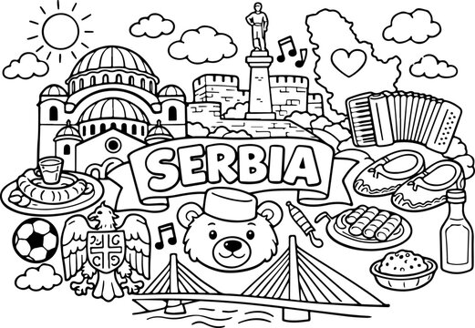 Serbien Sehensw&uuml;rdigkeiten Cartoon Umrisse handgezeichnet Strichzeichnung Illustration Doodle Kunst Malvorlage f&uuml;r Kinder