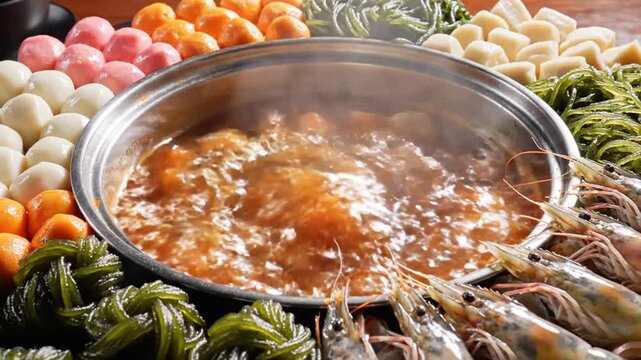 Hot pot features a bubbling broth surrounded by an assortment of fresh seafood, colorful fish balls, and vibrant green vegetables, creating an inviting communal dining experience for family.