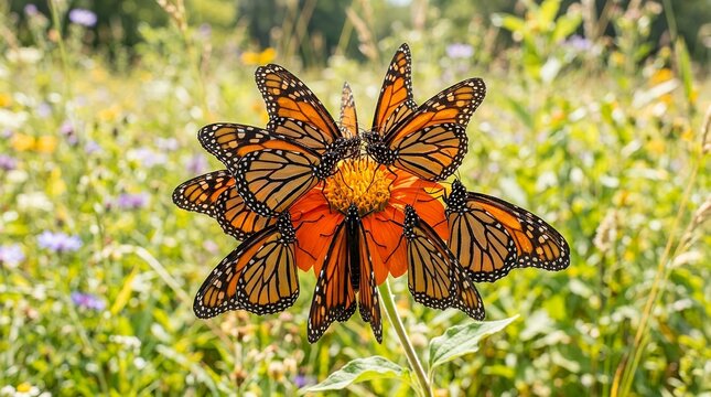 Monarch Butterflies Gather on a Flower in a Sunny Meadow.