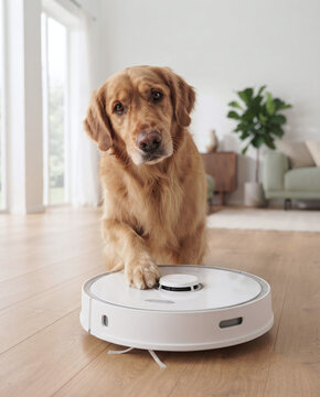 Close Up of Golden Retriever Dog Tilting its Head and Placing a Paw on Top of a White Robot Vacuum Cleaner