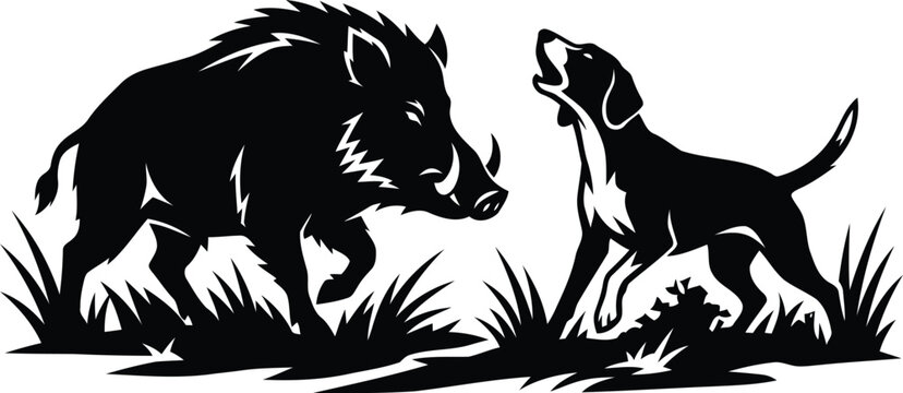 Aggressive wild boar and barking dog animal confrontation vector design