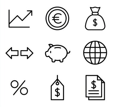 Financial Icons Set: A collection of clean, modern line art icons representing various financial concepts such as growth, currency, savings, and global finance.