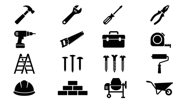 A collection of flat vector-style construction and carpentry icons featuring solid black silhouettes. building and architecture icons. industrial equipment icons in bold flat vector style, 