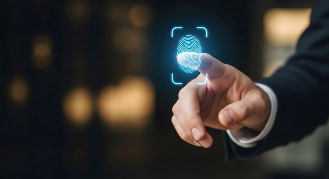 Businessman scanning biometric fingerprint for secure digital access and identification