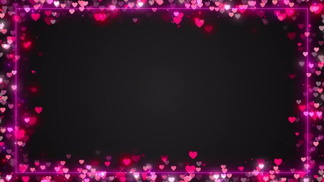 Pink and red hearts form a glowing border around a dark copy area, creating a romantic video frame for Valentine greetings, weddings, anniversaries, love messages, invitations, and celebration titles.