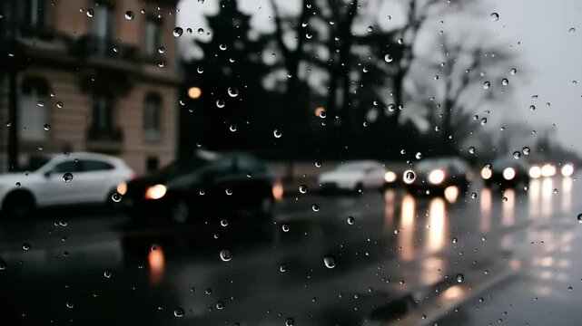 Paris, France, Europe. A moody, atmospheric photograph captures a rainy day in Paris, France. The main subject is the Eiffel Tower, the iconic symbol of the city. Raindrops cover the window.