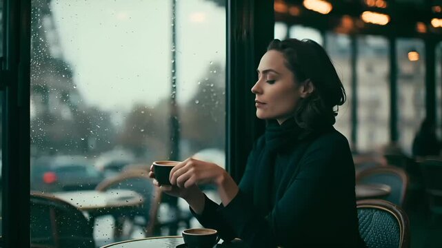 Paris, France, Europe. A moody, atmospheric portrait of a woman seated at a table in a cafe, gazing out a window at the Eiffel Tower. She holds a black cup of coffee.